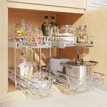2-Tier Kitchen Cabinet Pull Out Shelf and Drawer Organizer Slide Out Pantry Storaqe Basket in Multiple Sizes (15" W x 21" D) - size: 15" W x 21" D