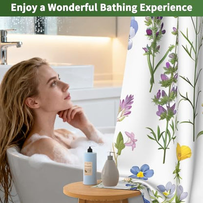 Floral No Hook Shower Curtain and Liner Set, Double-Layer Waterproof Shower Curtains for Bathroom, Washable Shower Curtain with Snap in Liner, Weighted Bottom and Breathable Mesh Window, 71x74 Inches - color: Blooming Wildflowers