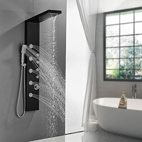 LED Light Shower Panel Tower Rainfall Waterfall Shower Head with Massager Jets Body System Jet Black B (Color : Black E) - color: Black E