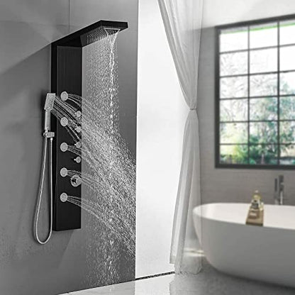 LED Light Shower Panel Tower Rainfall Waterfall Shower Head with Massager Jets Body System Jet Black B (Color : Black E) - color: Black E