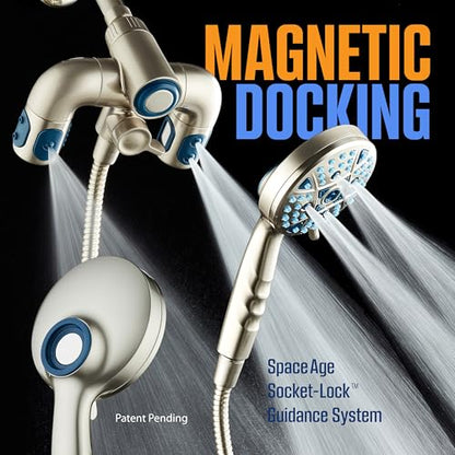 AquaCare Polaris 208-mode High Pressure Shower Head Combo with Hydro Arms | Luxury 3-way 14-zone System with 370 Stay-clean Power Jets, Handheld Magnetic Docking & 6 ft. Stainless Steel Hose / Nickel - color: Nickel