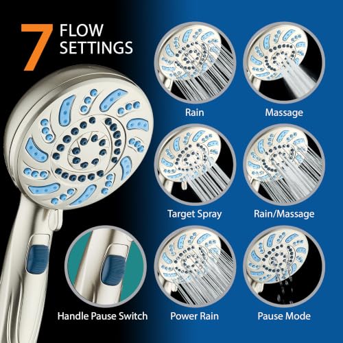 AquaCare 2026 High Pressure 7-mode Handheld Shower Head with Pause Switch | Detachable Showerhead Wand, Stay-Clean Jets, Extra-long 6 ft. Stainless Steel Hose, Dual Wall & Overhead Brackets / Nickel - color: Nickel