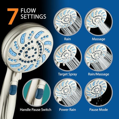 AquaCare 2026 High Pressure 7-mode Handheld Shower Head with Pause Switch | Detachable Showerhead Wand, Stay-Clean Jets, Extra-long 6 ft. Stainless Steel Hose, Dual Wall & Overhead Brackets / Nickel - color: Nickel