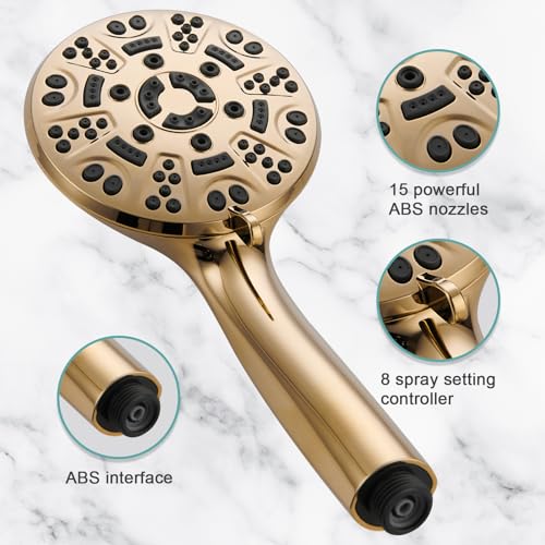 Cobbe 8-Setting Handheld Shower Head, Water-Saving Design, Gold | Trickle Pause Mode, 5ft Stainless Steel Hose, Brass Swivel Bracket, Tool-Free Installation - color: Gold