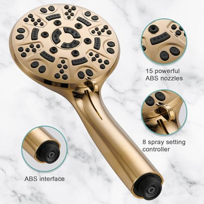 Cobbe 8-Setting Handheld Shower Head, Water-Saving Design, Gold | Trickle Pause Mode, 5ft Stainless Steel Hose, Brass Swivel Bracket, Tool-Free Installation - color: Gold