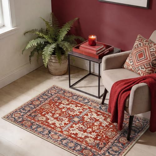Keen Home Design Vintage Washable Entryway Rug, Non-Slip Low Pile, 2x3 | Machine washable cotton chenille, 0.25in low pile, rubber non-slip back; kitchen, entryway, bathroom, bedside - color: Red / Navy Blue, size: 2' x 3' (Rectangular)