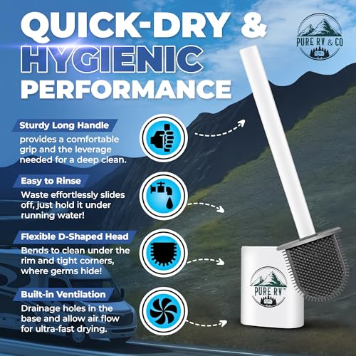 RV Tank Treatment Toilet Brush, Wall Mounted Holder & Septic Safe, Non-Scratch Silicone Flexible D-Head with Durable Long Handle for RVs,Trailers & Camper Bathrooms