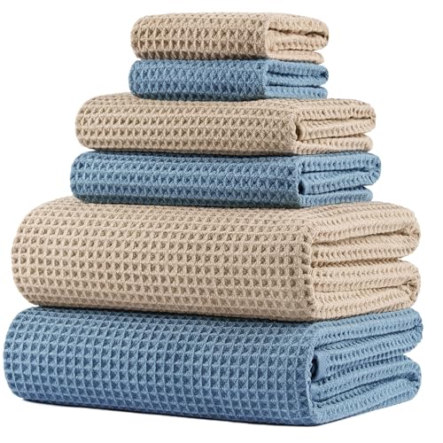 POLYTE 430 GSM Poly Blend Microfiber Quick Dry Waffle Bath Towel Set of 6 | 2-Body Towels, 2-Hand Towels, 2-Wash cloths, Oversize, Lint Free - color: Beige,blue