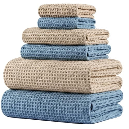 POLYTE 430 GSM Poly Blend Microfiber Quick Dry Waffle Bath Towel Set of 6 | 2-Body Towels, 2-Hand Towels, 2-Wash cloths, Oversize, Lint Free - color: Beige,blue