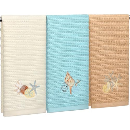 HunnmingRe 3 Pcs Coastal Waffle Hand Towels for Bathroom Farmhouse Embroidered Ocean Beach Nautical Finger Towels Sand Dollar Starfish 13.78 x 29.5 Inch Bath Decor for Summer Kitchen Spa Home - style: Coastal