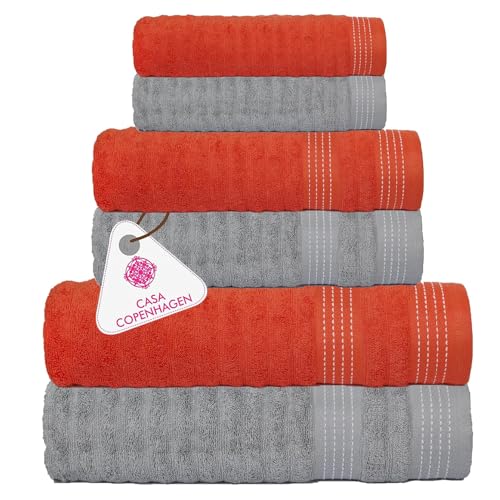 CASA COPENHAGEN Elegance 6Pcs 100% Egyptian Cotton Large Designer Towels Gift Set- Grey Violet-Peach, 550GSM, 2Bath 2Hand 2Washcloths, Bath Towels for Bathroom Set for Women & Men - color: Elegance 6pcs Towel Set Grey Violet-peach, size: 6Pcs Towel Set