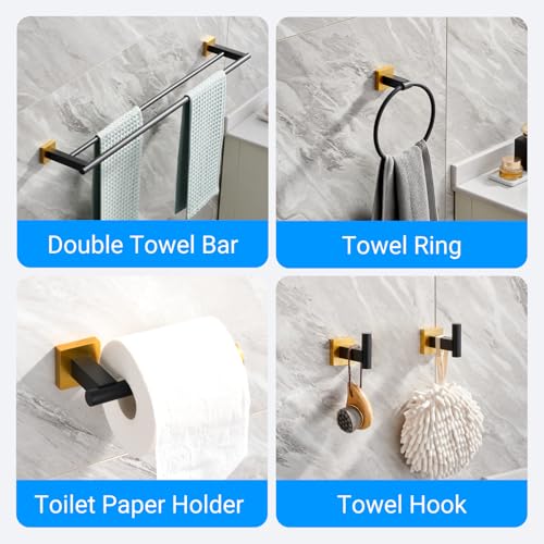 Miyili 5-Piece SUS304 Stainless Steel Bathroom Hardware Kit - Incould 30" Double Towel Bar, 5" Toilet Paper Holder, Towel Ring, 2 x Robe Hooks, Bathroom Accessories Set Wall Mount, Matte Black & Gold - color: Black & Gold