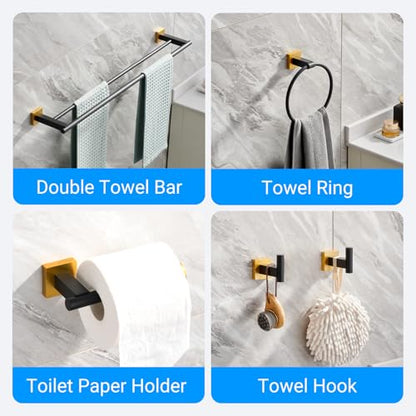 Miyili 5-Piece SUS304 Stainless Steel Bathroom Hardware Kit - Incould 30" Double Towel Bar, 5" Toilet Paper Holder, Towel Ring, 2 x Robe Hooks, Bathroom Accessories Set Wall Mount, Matte Black & Gold - color: Black & Gold