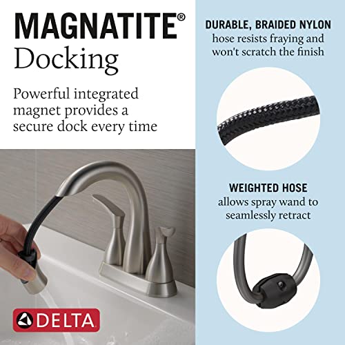 Delta Broadmoor Centerset Brushed Nickel Bathroom Faucet with Sprayer, 4 Inch 3 Hole Bathroom Sink Faucet with Pull Out Sprayer, Push-Pop Drain, Stainless 25765LF-SSPD - color: SpotShield Stainless