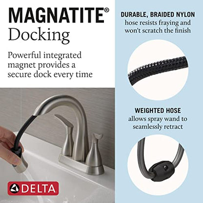 Delta Broadmoor Centerset Brushed Nickel Bathroom Faucet with Sprayer, 4 Inch 3 Hole Bathroom Sink Faucet with Pull Out Sprayer, Push-Pop Drain, Stainless 25765LF-SSPD - color: SpotShield Stainless
