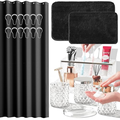 Bathroom Accessories Set - 20PCS Glass Bathroom Set with Shower Curtain and Rugs, Soap Dispenser, Soap Dish, Cup, Qtip Jar, Toothbrush Holder, Stylish & Functional Bath Decor for Home, Apartment - color: Black Bathroom Set