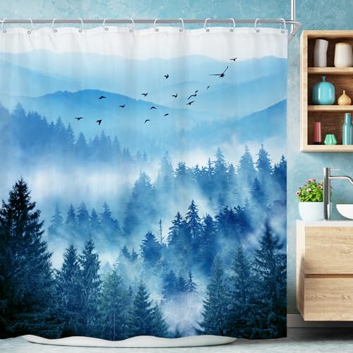 Navy Blue Mountain Nature Woodland Scenery Bathroom Shower Curtain Set | 72"W x 72"L shower curtain， Park Scene: HD waterproof print, quick-dry cloth, free hooks for easy installation. - color: A-02blue, size: 72"W x 72"L (Pack of 12)