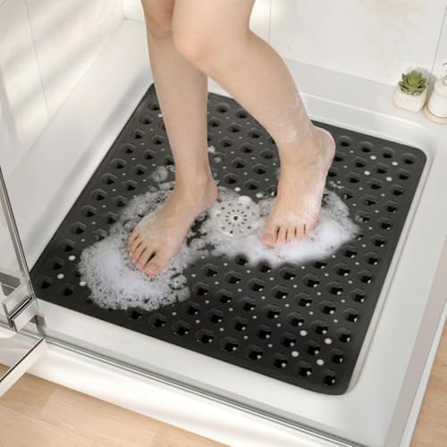 HITSLAM 21x21 Inch Square Shower Mat Non Slip, Anti Slip Bathtub Mat with Strong Suction Cups & Drainage Holes, Machine Washable Bathroom Floor Mat for Inside Shower Stall and Tub, Black - color: Black