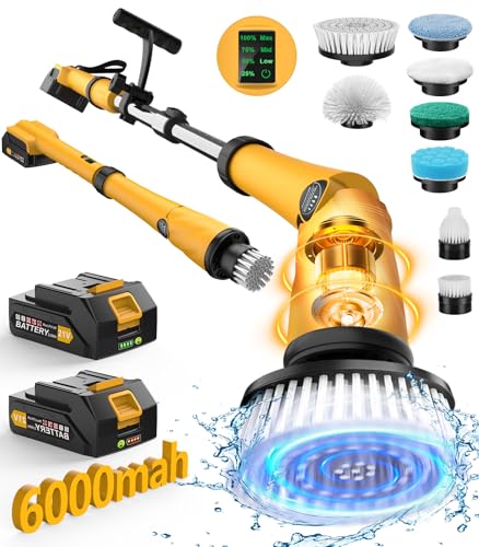 Qimedo Electric Spin Scrubber Q3, 6000mAh, Extra-Large Brush Head, 1200RPM | Floor Scrubber Machine with Long Handle, Cordless Cleaning Brush, 8 Brush Heads and Smart Display for Showers, Tubs and Tile - color: Yellow, size: Scrubber with 50-inch Handle