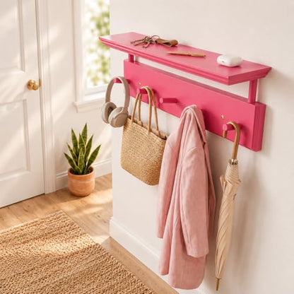 Matías Coat Rack Wall Mount with Shelf, 18 Inch Solid Wood Peg Rail, Wall Mounted Coat Rack with 5 Hooks, Wall Mount Shelf for Entryway, Bathroom or Bedroom (Pink) - color: Pink