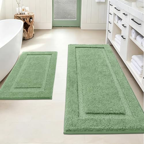 SHACOS Soft Microfiber Bathroom Rugs Set of 2 Pieces, Sage Green | 47x20 + 32x20, Absorbent Plush Bath Rugs, Non Slip Washable Shaggy Bath Mats, Fluffy Bathroom Runner Floor Mats Shower Rug - color: Sage Green, size: 47"x20" + 32"x20"
