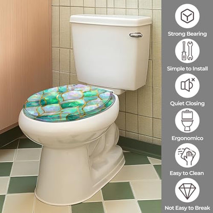 Round Resin Toilet Seat, Quietly Close Quick Release Hinges Cover | Toilet Lid Cover Easy to Clean and Install, Luxurious Iridescent Leaf Mosaic Gold Edges Elegant Heavy Duty Toilet Seat - color: pattern8, size: O-shape