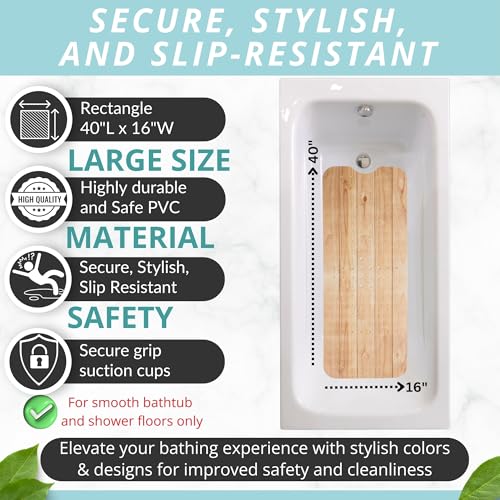 ENKOSI Non-Slip Bath & Shower Mat 40x16 Extra Long, Suction & Drain Holes | Wood-look spa finish; Durable PVC; 40x16 in, Wood Teak - color: Wood Teak