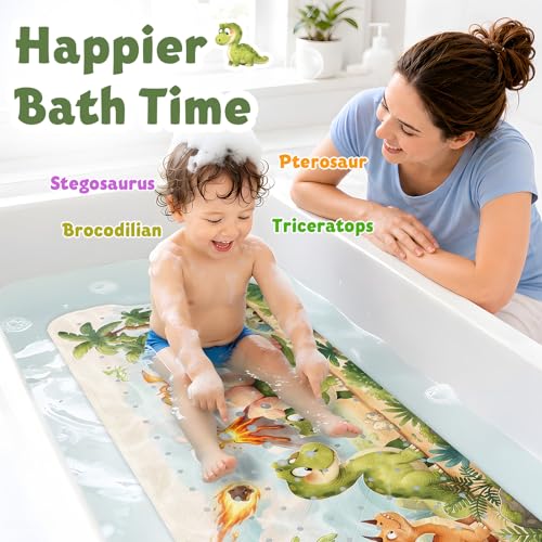 Baby Bath Mat for Tub Non Slip Kids, BPA Free Extra Long Bathtub Mat 40x16 with Drain Holes and 200 Suction Cups, Non Toxic Machine Washable Toddler Bath Mat, Eco-Friendly Certified - color: W-dinosaur