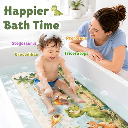 Baby Bath Mat for Tub Non Slip Kids, BPA Free Extra Long Bathtub Mat 40x16 with Drain Holes and 200 Suction Cups, Non Toxic Machine Washable Toddler Bath Mat, Eco-Friendly Certified - color: W-dinosaur