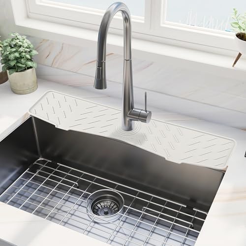 Faucet Mat for Kitchen Sink – 24” x 5.1” Extra-Long Silicone Splash Guard with 10° Slope & Upgraded Drainage – Gen 3 Sink Water Catcher & Sponge Holder for Kitchen, Bathroom (White) - color: White, size: 24 in