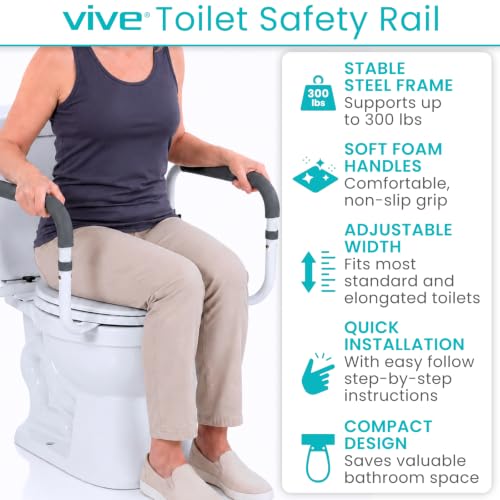 Vive Toilet Safety Rail - Adjustable Grab Bar - Compact Support Frame | Handrail for Bathroom Toilet Seat - Easy Installation for Handicap Senior Bariatrics, Elderly Balance - Padded Hand Armrest