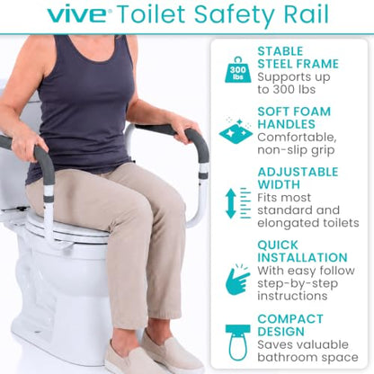Vive Toilet Safety Rail - Adjustable Grab Bar - Compact Support Frame | Handrail for Bathroom Toilet Seat - Easy Installation for Handicap Senior Bariatrics, Elderly Balance - Padded Hand Armrest