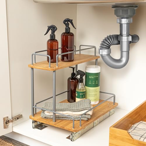 Household Essentials Bamboo and Silver Iron Two-Tier Slide-Out Organizer - size: 11.5", style: Steel Rim Undersink