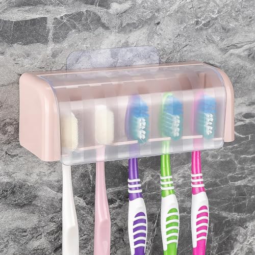 5 Slots Wall Mount Toothbrush Holder with Cover, Self Adhesive Toothbrush Storage Organizer for Shower, Toothbrush Hanger for Bathroom, Medicine Cabinet, Dorm (Pink) - color: Pink 1 Pack