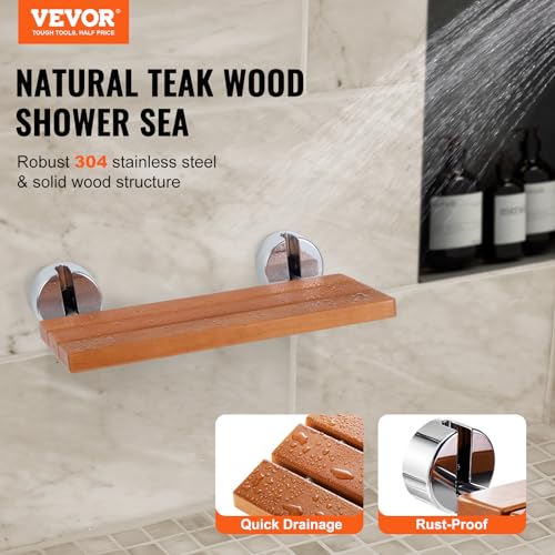 VEVOR Folding Teak Shower Seat, 20.1" x 13.2" Unfolded, Wall Mounted Fold Up Shower Bench with 440 lbs Load Capacity, Space Saving Home Care Fold Down Shower Chair, for Seniors Pregnant Women Children