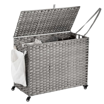 Laundry Hamper with Wheels, 52.8 Gallon(200L) Rolling Laundry Basket with Lid, Removable Large 3 Color Liners & 3 Mesh Laundry Bags, Clothes Hamper with Side Pocket, Grey - color: Grey, size: 31.5"L x 15.75"W x 25.6"H