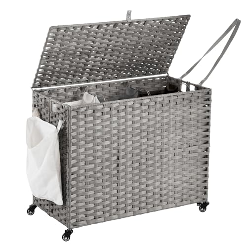 Laundry Hamper with Wheels, 52.8 Gallon(200L) Rolling Laundry Basket with Lid, Removable Large 3 Color Liners & 3 Mesh Laundry Bags, Clothes Hamper with Side Pocket, Grey - color: Grey, size: 31.5"L x 15.75"W x 25.6"H