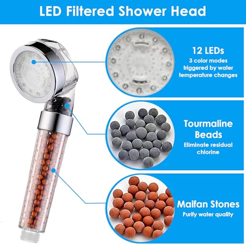 Vacto Temperature Controlled 3-color Changing Shower Head Kit, Water Saving Showerheads with Filtration Beads, LED High Pressure Handheld Shower Head Set with Hose and Bracket - color: Temperature Controlled Shower Head Set