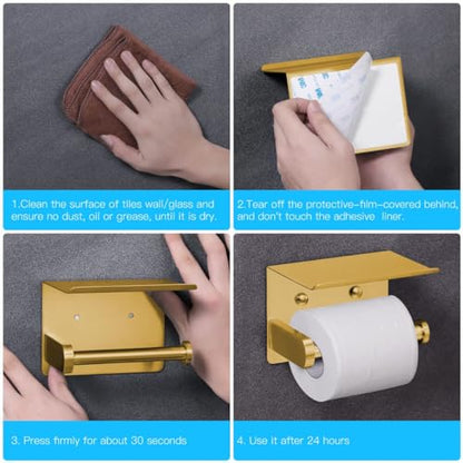 VAEHOLD Self Adhesive Toilet Paper Holder with Phone Shelf Stainless Steel Wall Mounted Toilet Paper Roll Holder - Rustproof and Bathroom Washroom Tissue Roll Holder with Storage Shelf - Gold - color: Gold