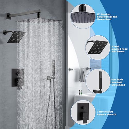 12" Shower Faucet Set Rain Shower System with 6" Wall Mounted Head Full Body Luxury Rain Shower System Rainfall Shower Head with Handheld Combo,3 Way Pressure Balance Valve Kit,Matte Black - color: Matte Black, style: HG-12inch+6inch