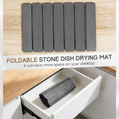 Stone Drying Mat 16" x 12" , HQAUT Quick Dry Dish Drying Mat for Kitchen Counter, Foldable Diatomaceous Earth Mats, Fast Drying Stone Pad for Bath Kitchen
