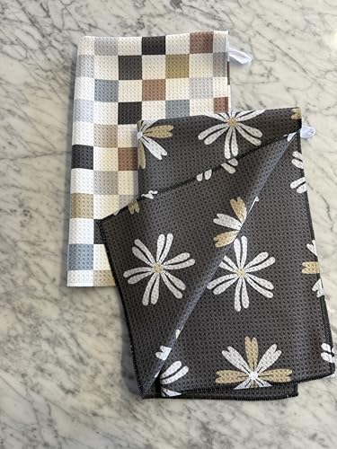 Kitchen Towels, Dish Towels for Kitchen, 2 Pc Kitchen Towel Set | Microfiber Waffle Towels, 16 x 26 inches, with Hanging Loops, Reusable Tea Towels, Cute Kitchen Towels - 2 Pack - color: Multi Checkered Gray Tan