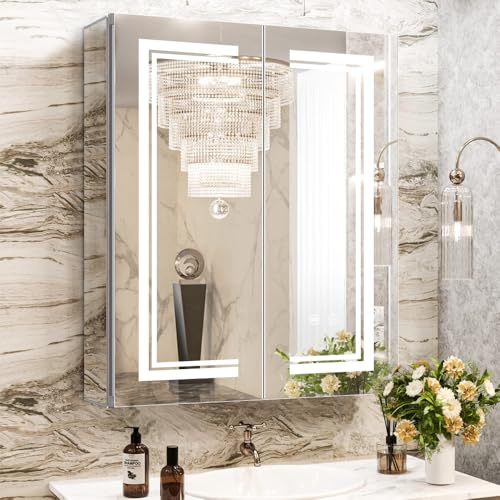 High-End Led Medicine Cabinet,Lighted Medicine Cabinet,3 Colors&Dimmable,Demister,Lighted Glass Shelf,USB Shaver Socket.Surface Mount or Recess Mount,24×30inch - size: 24×30inch