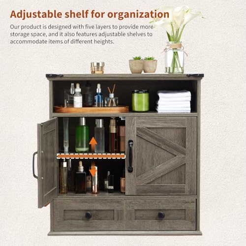 Bathroom Cabinet with Double Barn Doors – Wall Mounted Medicine Cabinet over Toilet with Adjustable Shelf & Drawer, 25" Wide Hangging Storage Cabinet for Bathroom, Kitchen, Laundry, Entryway Gray - color: Grey