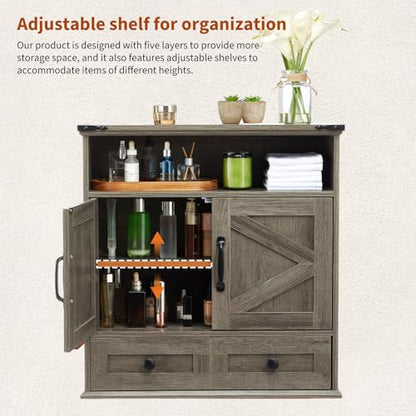 Bathroom Cabinet with Double Barn Doors – Wall Mounted Medicine Cabinet over Toilet with Adjustable Shelf & Drawer, 25" Wide Hangging Storage Cabinet for Bathroom, Kitchen, Laundry, Entryway Gray - color: Grey