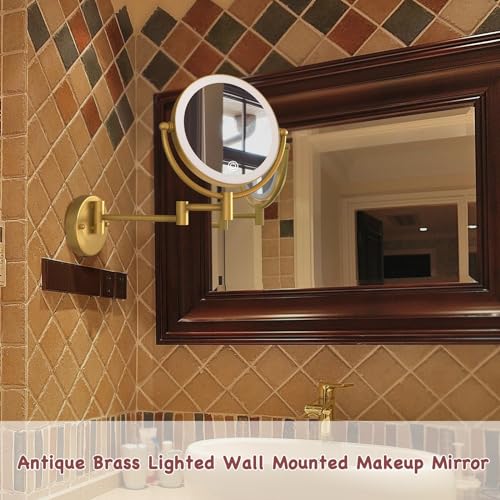 8" Lighted Make up Mirror Wall Mounted 10X Magnifying Hardwired | Double Side 3 Color Lighting Touch Dimming, Bathroom 360 Swivel Extended Arm Light up Vanity Shaving, Brushed Antique Brass - color: Antique Brass