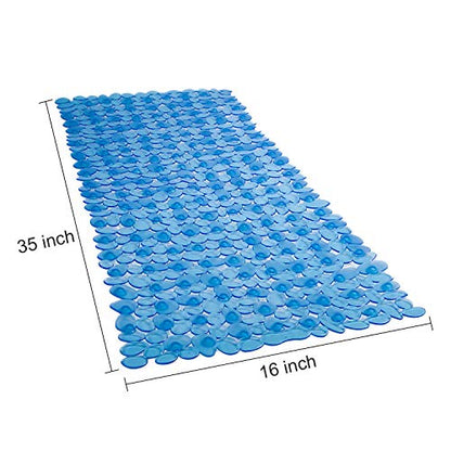 WELTRXE Non Slip Bathtub Mat, 35 x 16 Inches Bathroom Pebbles Shower Mat with Suction Cups, Drain Holes, Suction Bath Mats for Tub Machine Washable - Clear Blue - color: Pebbles-clear Blue, size: 35" x 16" (Rectangular)