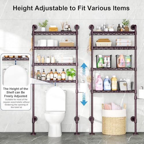 K3 Wall Mounted 4-Tier Over the Toilet Storage，Metal Above Toilet Storage with Paper Hook,Over Toilet Bathroom Organizer with Adjustable Shelf，Above Toilet Rack 9.7"Dx 25.6"Wx 74.3"H,Espresso
