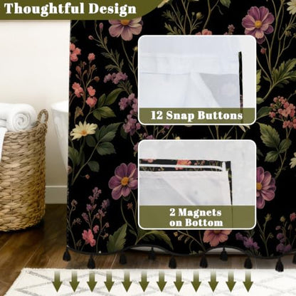 Dark Floral Shower Curtain with Snap in Liner & Tassels, 71W x 77L | No Hook Needed, Double Layer Waterproof Fabric with Mesh Top, Moody Botanical Wildflower Design for Boho Farmhouse Bathroom - color: Colorful Wildflowers