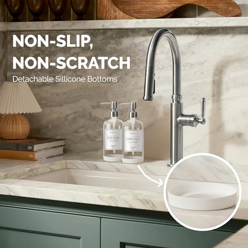 Vine Creations Clear Glass Soap Dispenser, 2 Pack Kitchen Soap Dispenser Set with Stainless Steel Pump, 16 oz Hand Soap or Dish Soap for Bathroom or Kitchen with Waterproof Labels - color: Clear Bottle / Silver Pump